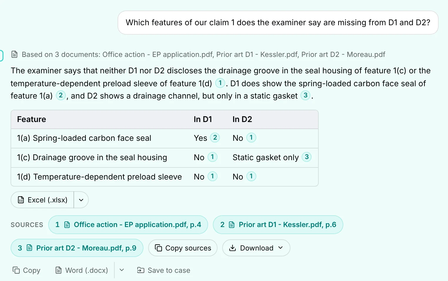 sūveryn listing which claim features the examiner found missing from two prior-art documents, with citations.