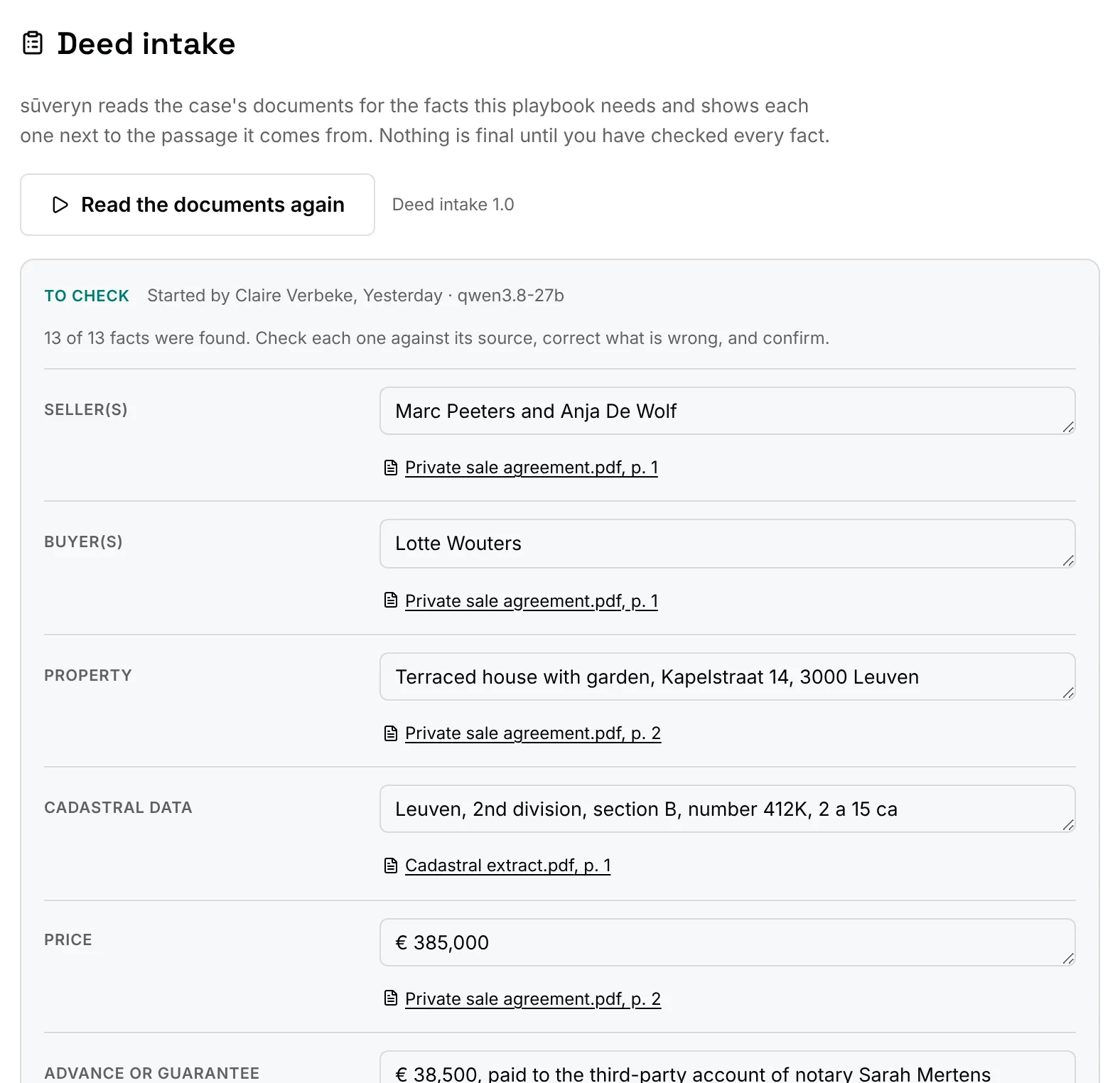 sūveryn’s deed intake for a sale: the facts read from the documents, each with its source, to check and confirm.