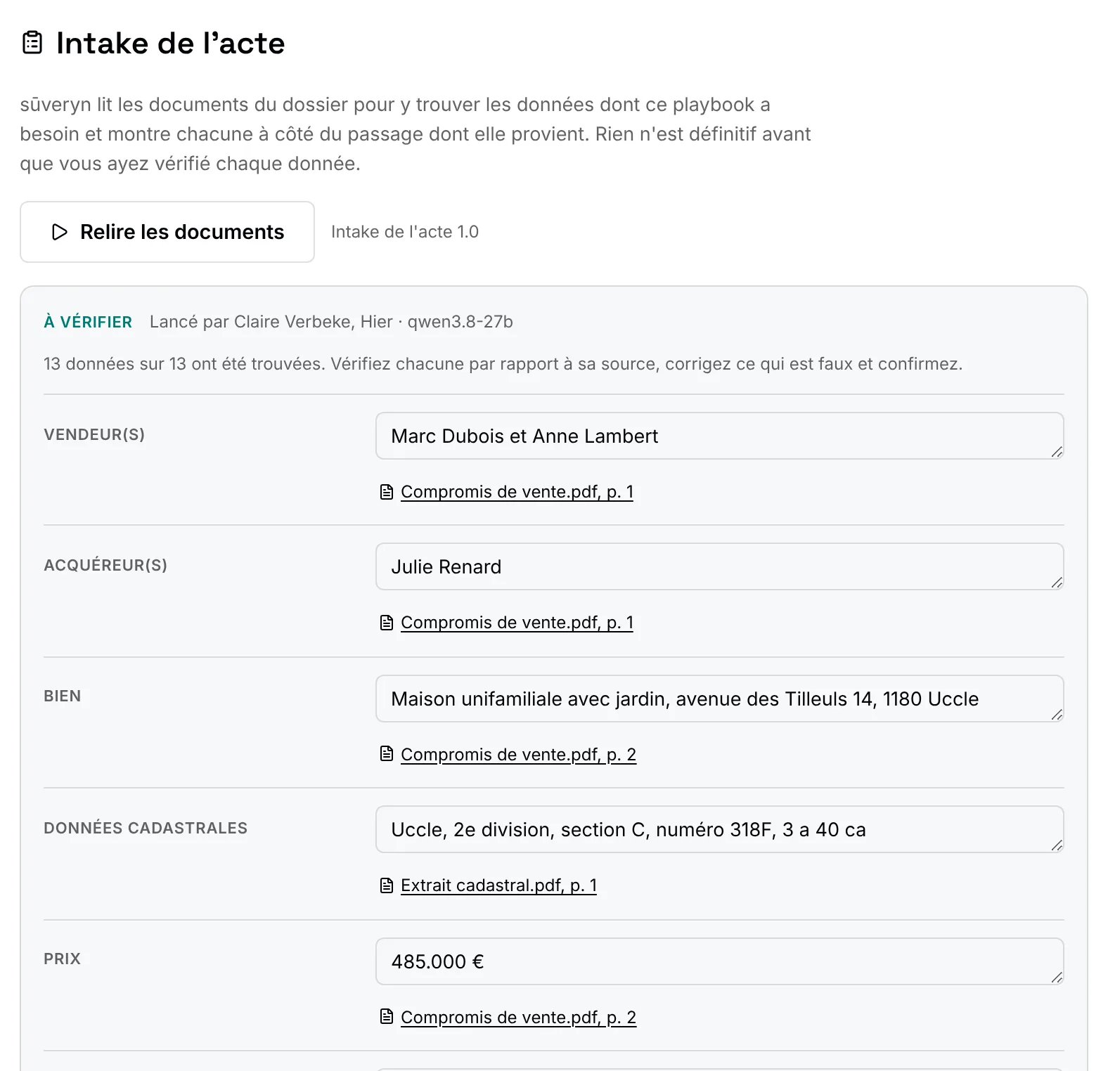 L’intake de l’acte de sūveryn pour une vente : les données lues dans les documents, chacune avec sa source, à vérifier et confirmer.