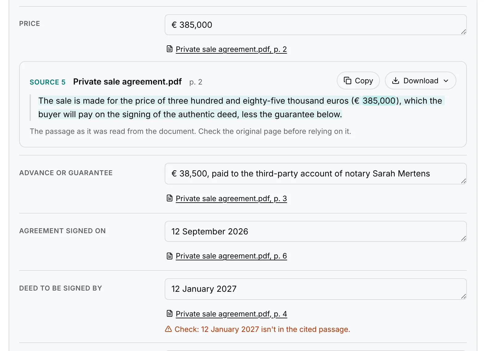 The price opened at its source in the private agreement, and the deed date flagged because the cited passage doesn’t contain it.