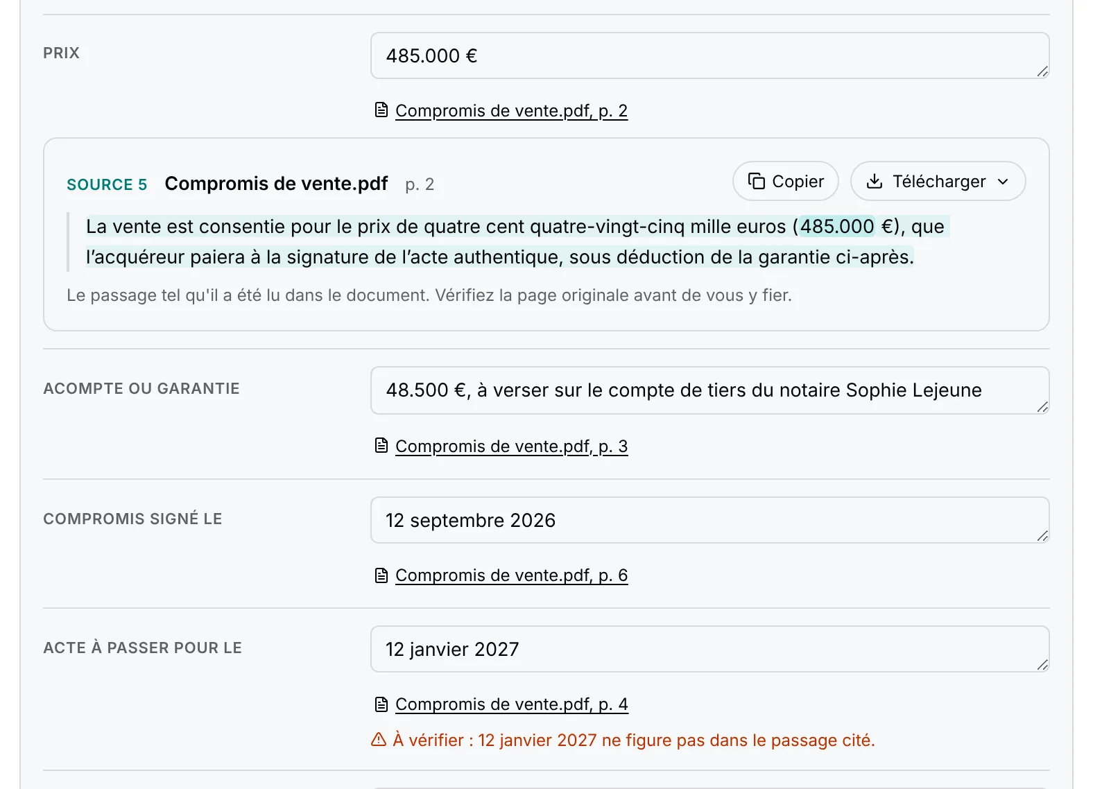 Le prix ouvert à sa source dans le compromis, et la date de l’acte signalée parce que le passage cité ne la contient pas.