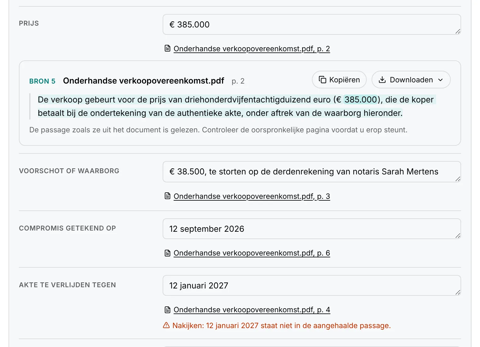 De prijs geopend bij zijn bron in de onderhandse overeenkomst, en de aktedatum gemarkeerd omdat de aangehaalde passage ze niet bevat.
